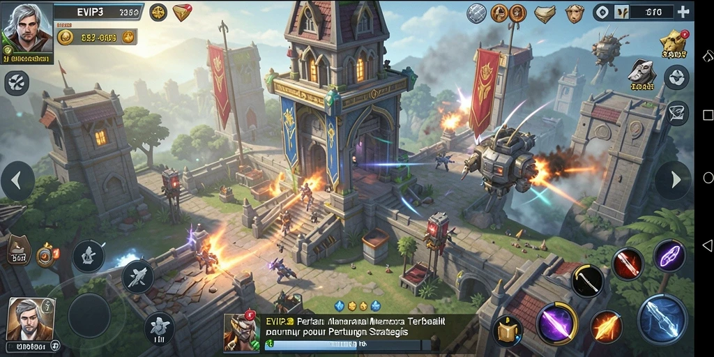 Tampilan gameplay menantang dalam EVIP3 dengan menara dan musuh yang beragam.