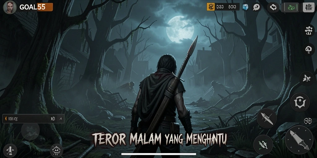 Screenshot menunjukkan gameplay mencekam di GOAL55 yang penuh dengan unsur horror.