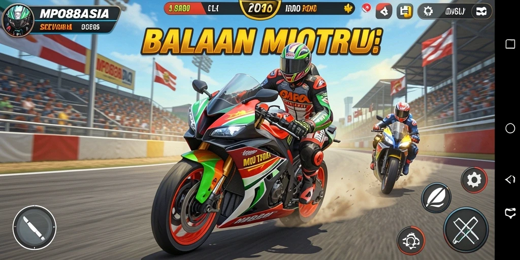 Screenshot gameplay MPO88ASIA menampilkan balapan motor yang mendebarkan.