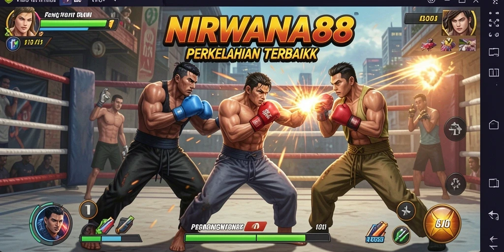 Screenshot NIRWANA88 menunjukkan pertarungan seru antara dua karakter di arena Fighting.