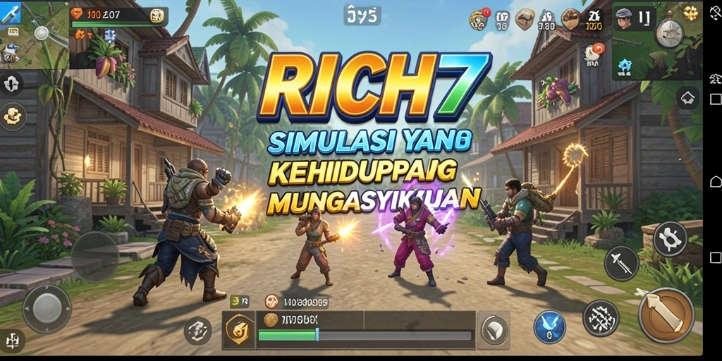Screenshot RICH7 menampilkan karakter dalam simulasi kehidupan yang menarik.