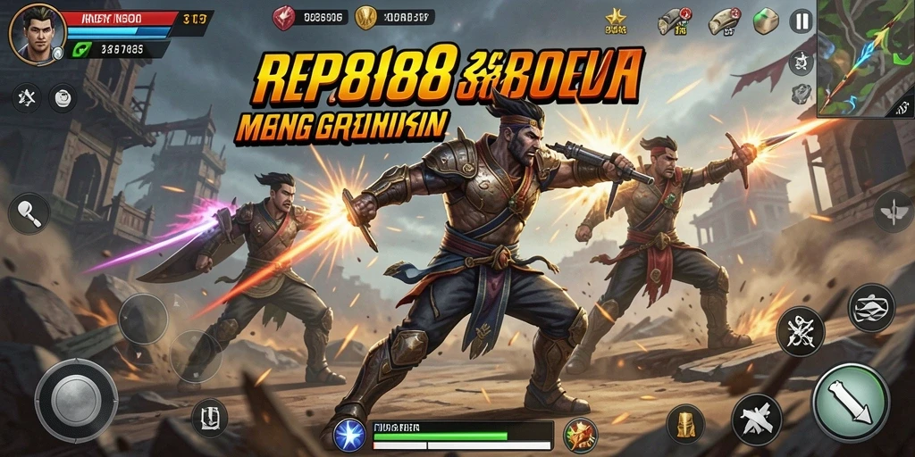 Tampilan gameplay intens dari RP888 saat bertarung melawan karakter lawan.