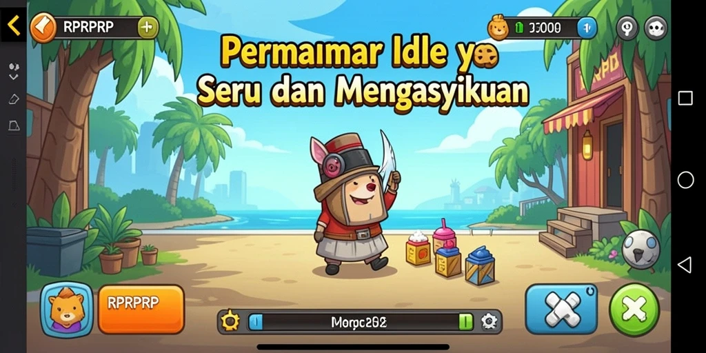 Tangkapan layar utama dari gameplay RPRPRP menampilkan karakter yang sedang mengumpulkan sumber daya.